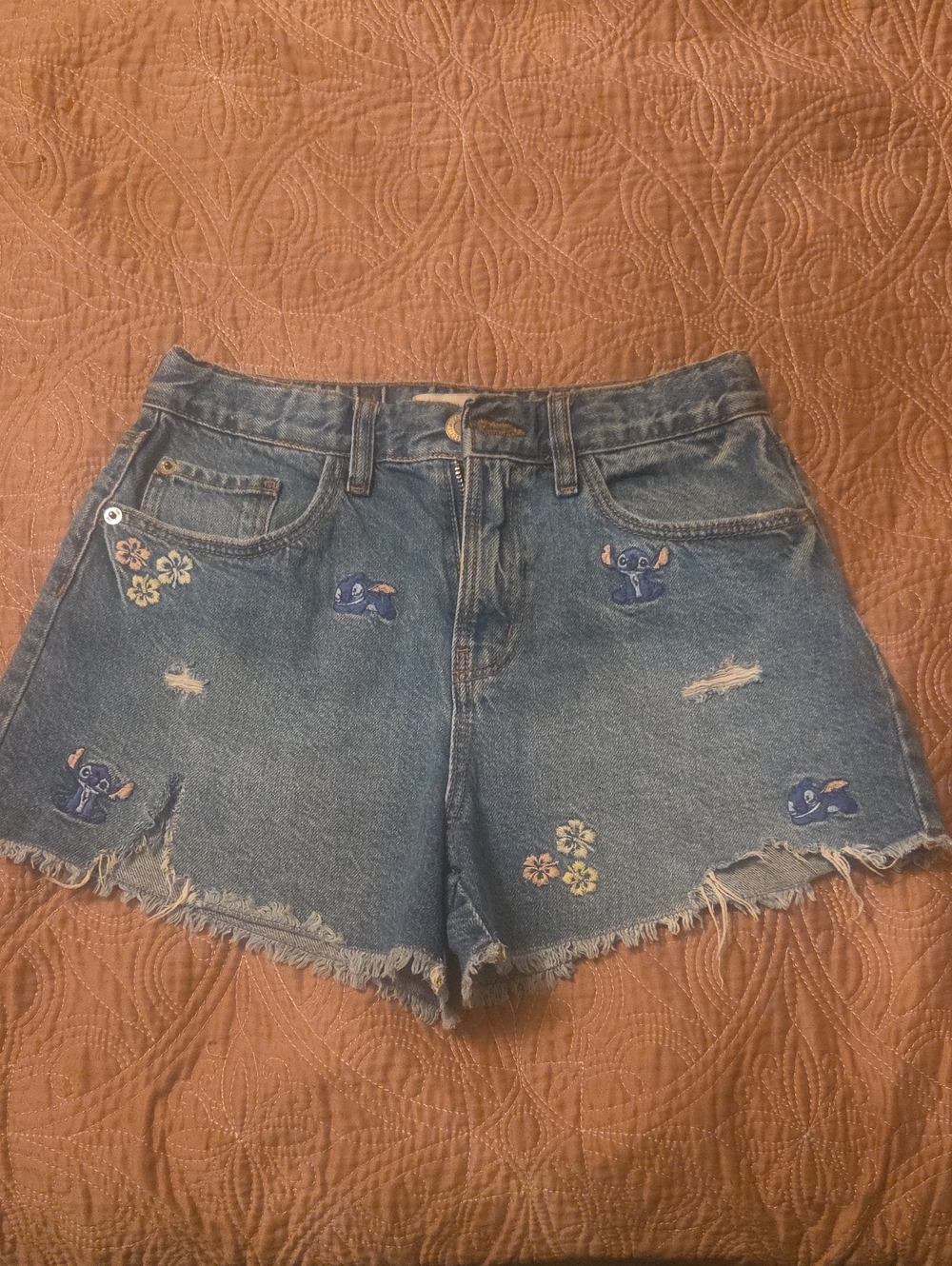 Disney Stitch Blue Embroidered Denim Shorts By Zara - Stylish Distressed Look